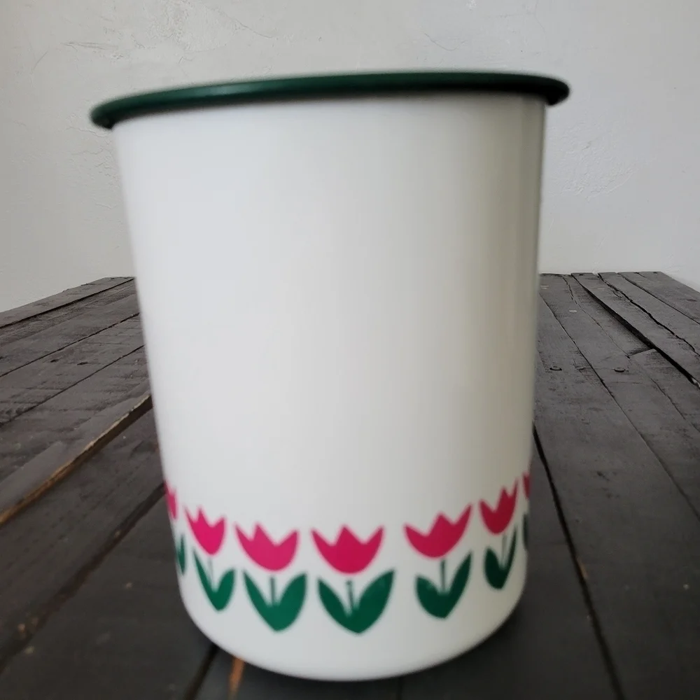 Tupperware Vintage White Plastic Canister Jar Green Lid Pink Tulips Flowers